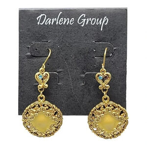 Darlene Group Gold Open Filigree Round Dangle Earrings Multi Colored Rhinestones